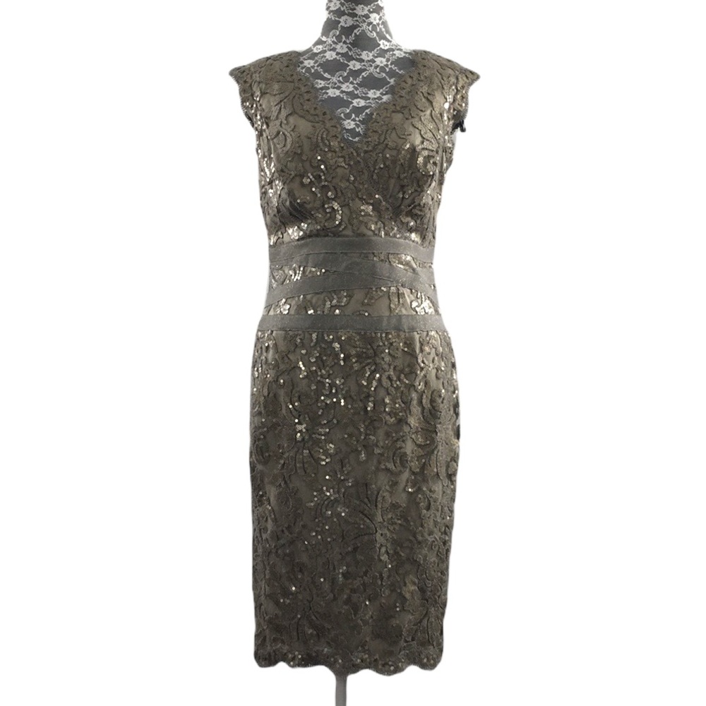 Tadashi Shoji Brown Gold Lace Sequin Dress Womens 6 Sleeveless Midi Surplice